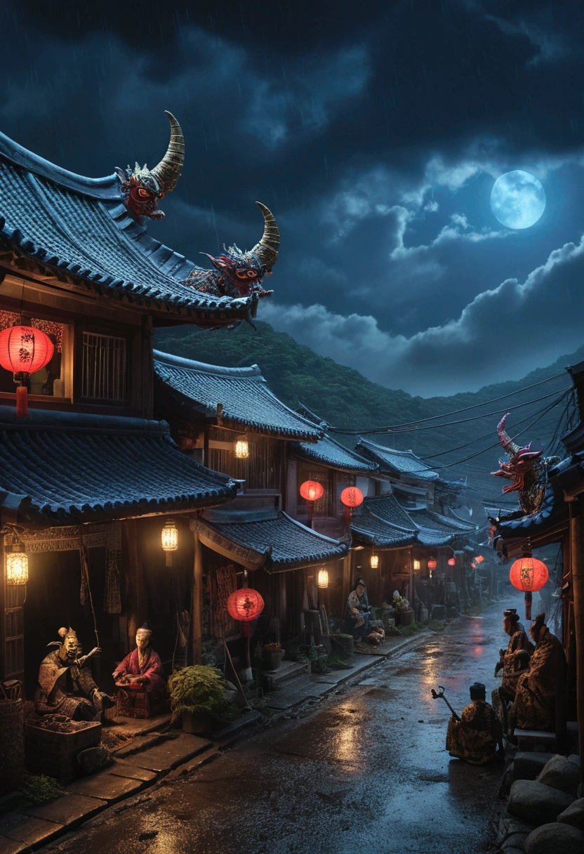 a village in korea, dark rainy sky, demons, blue meteor, wayang puppet, cinematic lighting, dramatic sci-fi atmosphere, highly detailed, 8k, photorealistic, masterpiece