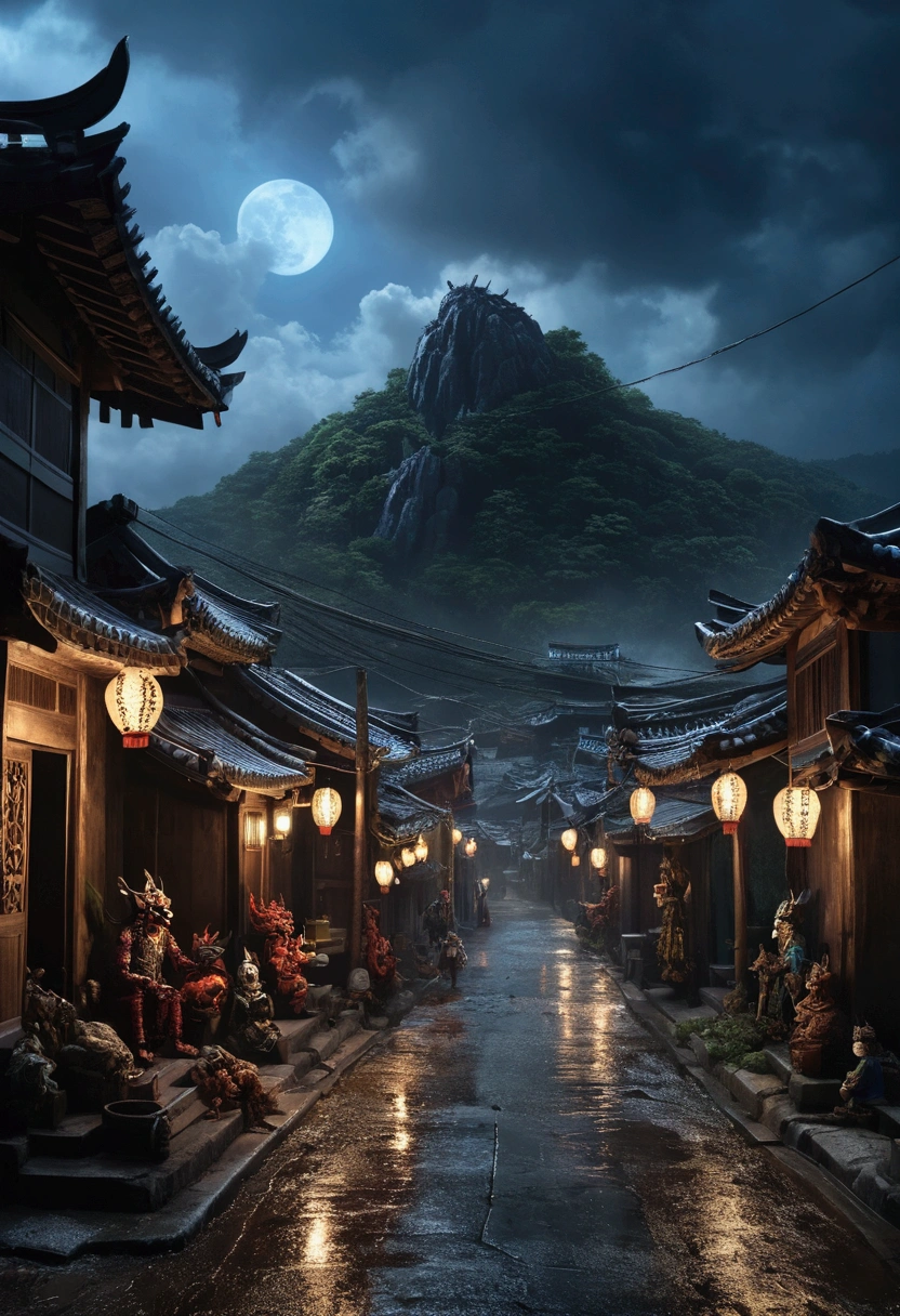 a village in korea, dark rainy sky, demons, blue meteor, wayang puppet, cinematic lighting, dramatic sci-fi atmosphere, highly detailed, 8k, photorealistic, masterpiece