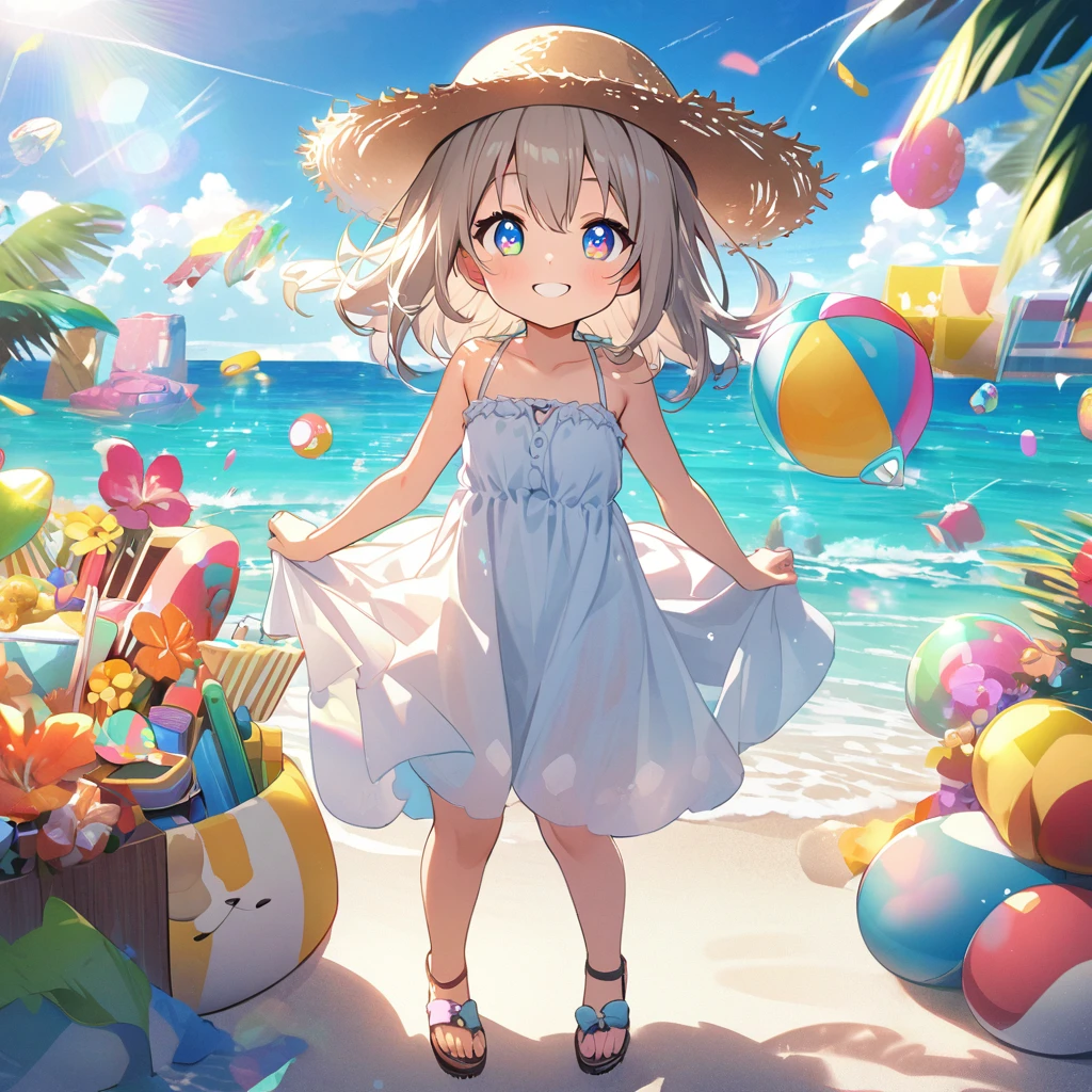 masterpiece, best quality, 4k、((high color saturation)), 2D illustration、one beautiful girl、solo、(((chibi style)))、((vivid colors))、cute chibi、lovely chibi、((white summer dress))、((straw hat))、((colorful))、long beautiful hair, glossy blonde hair, hair between eyes, cute、beautifully detailed eyes、((happy smile))、summer beach、((full body shot))、((calm sea))、((lots of colorful stuff around))、((blue sky))、sunbeam、((lens flare))、
