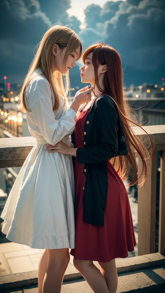 (Natural strawberry blonde and redhead girls with pretty faces), Cute pose, wearing a button dress, Atmospheric, Dark atmosphere, Edge lighting, Sayaka Yamamoto, Saito Asuka, Mao Akiyama's facial features, 8K, Full 体 portrait, Elegant outfit, Natural light, Spooky greenhouse at night, Sharp focus, (Detailed eyes and face:1.4, Professional photography techniques), (Beautiful small face, beautiful girl, high , Idol Face, Baby Face:1.4)Happy, K UHD, Beautiful and soft skin, Vibrant Skin, blush, (Chirarizum:1.3, Unbutton the dress:1.5), ((Beautiful breasts:1.3, Cleavage)), (Small beautiful butt), (Detailed hands:1.2, The optimal ratio is four fingers to one thumb), Perfect proportions, (Perfect Anatomy:1.3), (Highest quality, Masterpiece, Highest quality, Ultra high definition, Photorealism:1.4), ((Kiss on the lips:1.4)), (Beautiful hair blowing in the wind:1.4)