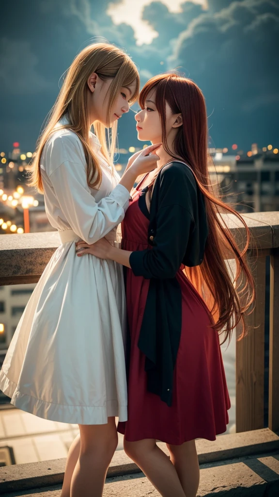 (Natural strawberry blonde and redhead girls with pretty faces), Cute pose, wearing a button dress, Atmospheric, Dark atmosphere, Edge lighting, Sayaka Yamamoto, Saito Asuka, Mao Akiyama&#39;s facial features, 8K, Full 体 portrait, Elegant outfit, Natural light, Spooky greenhouse at night, Sharp focus, (Detailed eyes and face:1.5, Professional photography techniques), (Beautiful small face, beautiful girl, high , Idol Face, Baby Face:1.4)Happy, K UHD, Beautiful and soft skin, Vibrant Skin, blush, (Chirarizum:1.3, Unbutton the dress:1.5), ((Beautiful breasts:1.3, Cleavage)), (Small beautiful butt), (Detailed hands:1.2, The optimal ratio is four fingers to one thumb), Perfect proportions, (Perfect Anatomy:1.3), (Highest quality, Masterpiece, Highest quality, Ultra high definition, Photorealism:1.4), ((Kiss on the lips:1.4)), (Beautiful hair blowing in the wind:1.4)