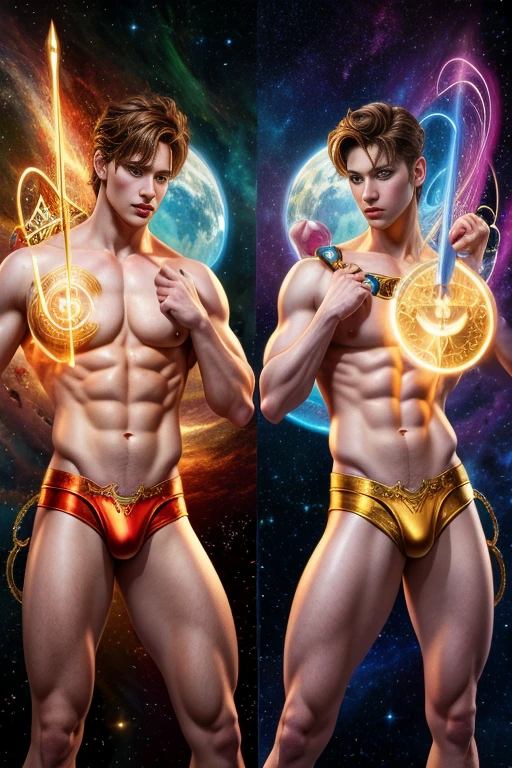 (photorealistic, masterpiece, detailed face, best quality, highres, 4k), Fantasy art style, astrological sign Gemini depicted through captivating male twin models with dualistic auras. Their sexy opposing appearances and skimpy clothing complement their two distinct personas, showcasing their versatility and charm.