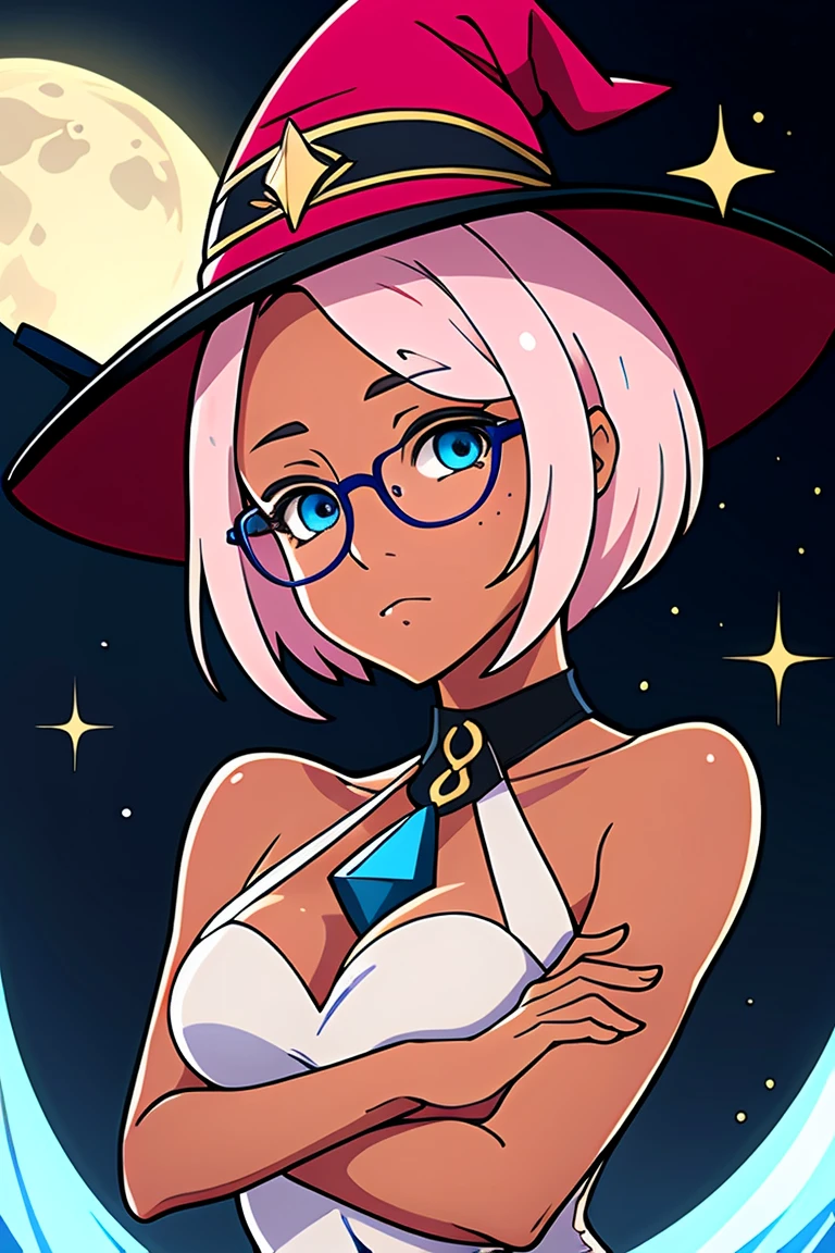 short beautiful women, chubby, plus size, tan skin, blue eyes, freckles all over body, short pixie cut hair, messy hair, pink hair, big round glasses, (shiny tan skin), solo, rating:questionable, cute pose, moon theme, looking stoic, witch's hat, magical, moth accessories