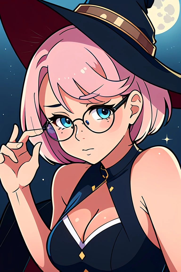 short beautiful women, chubby, plus size, tan skin, blue eyes, freckles all over body, short pixie cut hair, messy hair, pink hair, big round glasses, (shiny tan skin), solo, rating:questionable, cute pose, moon theme, looking stoic, witch's hat, magical, moth accessories