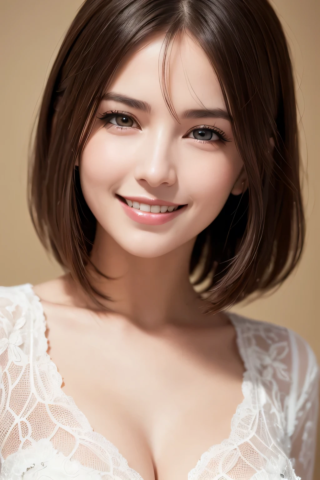 ((masterpiece)), ((Highest quality)), ((Complex)), ((Surreal)), (Realistic), (Mature Woman), ((There are no classes)), Very detailed, (1 female), Beautiful and exquisite, (Beautiful Teeth), Grin, Brunette Bob Hair, Brown eyes, ((blouse)), (Upper Body), (background:none), Perfect Eyes, Captivating eyes, Looking at the audience