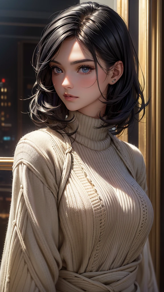 (work of art:1.3), (8K, photorrealistic, CRU photo, best qualityer: 1.4), (1 girl), beautiful  face, (lifelike face), (Bblack hair, shorth hair:1.3), beautiful hairstyle, realisticeyes, beautiful detailed eyes, (realisic skin), beautiful fur, (Sweater), absurderes, appealing, ultra high resolution, ultra realistic, highy detailed, golden ratio