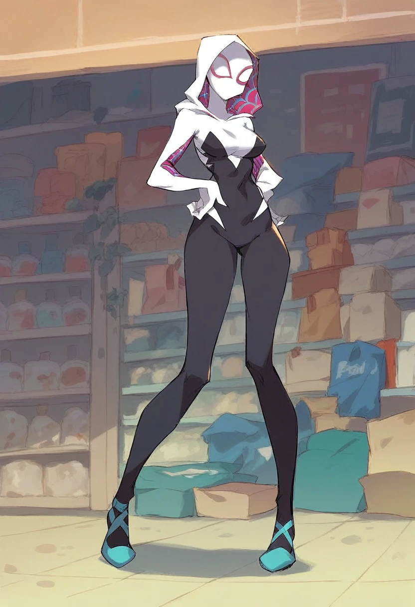 Spider Gwen , 1 woman, mask , abdomen , big breasts , Long legs , Put your hands on your hips..... , canvas shoes , convenience store