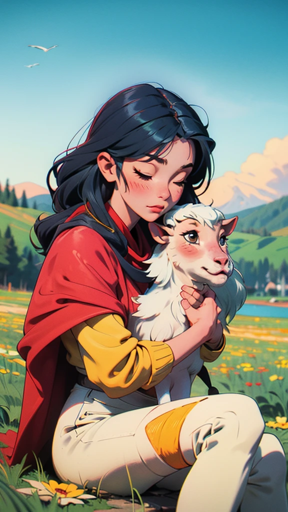  โดย นาโอกิ อุราซาวะ Portrait-style photograph featuring a young woman with fair skin and long, wavy black hair. She has closed eyes and a serene expression, with a slight blush on her cheeks. She is wearing a vibrant, multi-colored shawl with red, blue, yellow, and green patterns. The woman is sitting on a grassy field, holding a small white goat in her arms. The background includes a distant view of a lake and hills under a clear sky, adding a peaceful and natural ambiance to the scene.