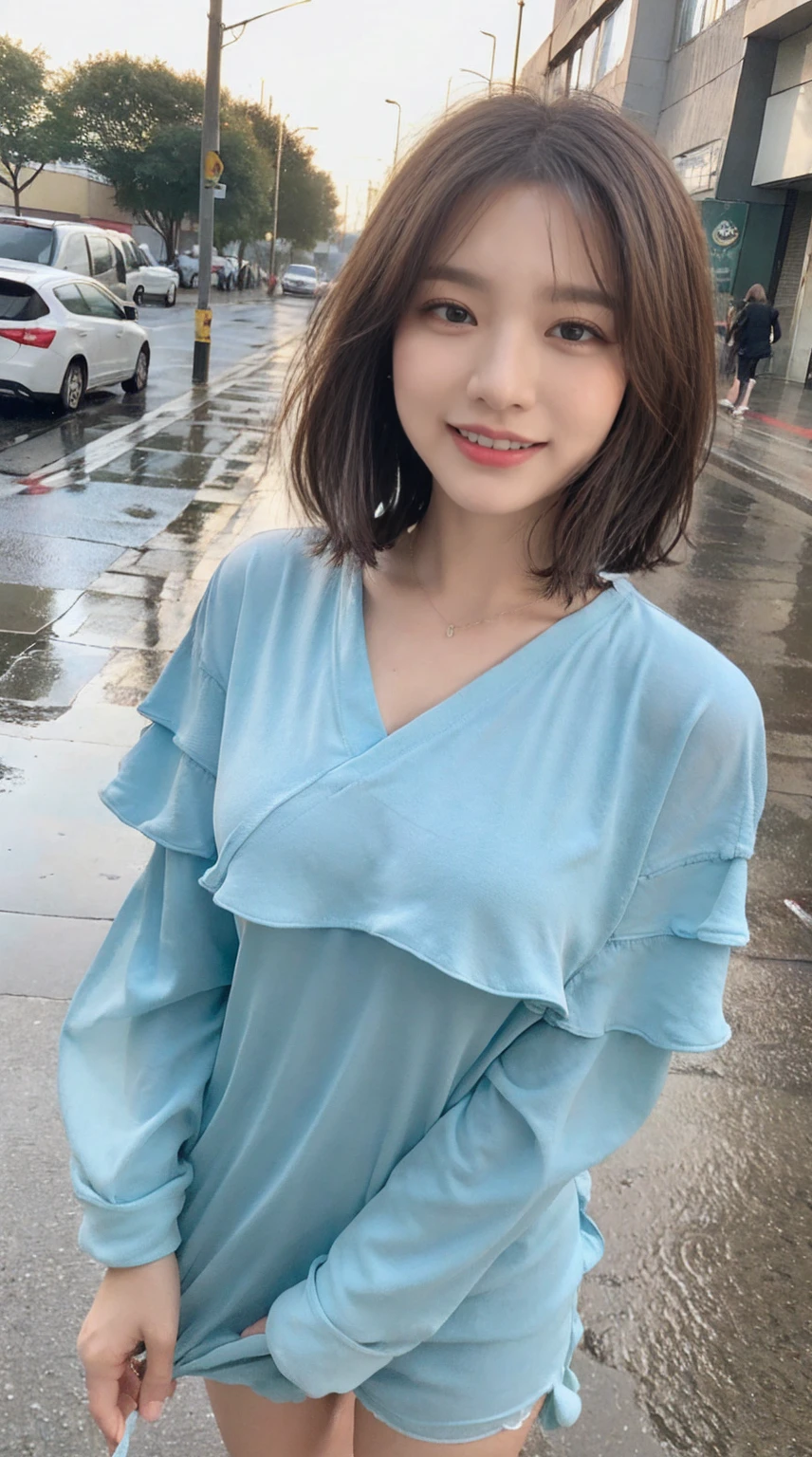 ((Best Quality, 8K, Masterpiece:1.3)), Focus: 1.2, Perfect Body Beauty: 1.4, Buttocks: 1.2, ((Layered Haircut, Breasts: 1.2)), (Wet Clothes: 1.1), (Rain, Street:1.3), Bandeau Dress: 1.1, Highly Detailed Face and Skin Texture, Fine Eyes, Double Eyelids, Whitening Skin, Long Hair, (Shut Up: 1.3), Smile