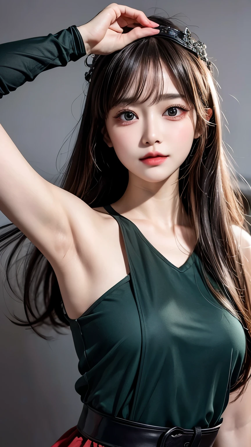 Highly detailed CG Unity 8k wallpaper, of the highest quality, super detailed, masutepiece, Realistic, photographrealistic, extremely detailed cute girl, 25 years old, Round eyes, viewer, blush, Parted lips, Upper body , (Armpit) , uninhabited island , (survival) , (Military uniform)