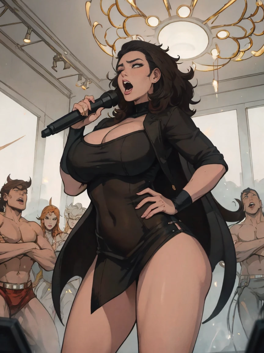 Extremely busty thin and toned brunette death metal singer, college girl, fair skin, big hair, hair pulled back, soft face, athletic, heavy makeup, piercings, black leather, studs, tight black top, boots, fingerless gloves, tight skirt, chains. standing on a stage, pyrotechnics, holding a microphone, metal concert. (microphone), angry, rage, screaming. Heavy metal. Death metal. Explosions, fire.