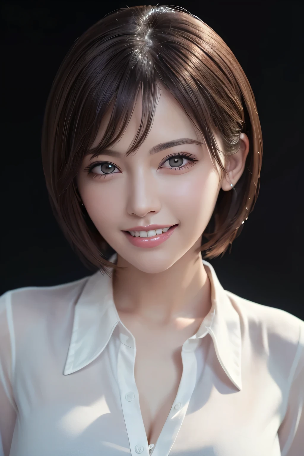 ((masterpiece)), ((Highest quality)), ((Complex)), ((Surreal)), (Realistic), (Mature Woman), ((There are no classes)), Very detailed, (1 female), Beautiful and exquisite, (Beautiful Teeth), Grin, Brunette Bob Hair, Brown eyes, ((blouse)), (Upper Body), (background:none), Perfect Eyes, Captivating eyes, Looking at the audience