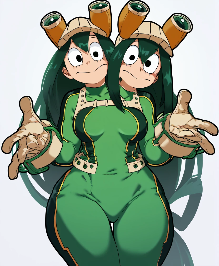 Conjoined, two heads, score_9_up, score_8_up, score_7_up, cowboy shot, 1girl, Asui Tsuyu\(boku no hero academia\), green hair, very long hair, low-tied long hair, tied hair, black eyes, wide hips, medium breasts, smiling, 
, source_anime, anime style