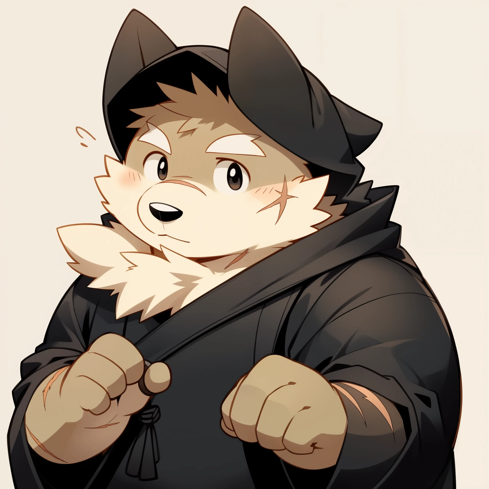 Scribble 黑色柴dog face,Cute face,Humanity(dog),(Black robe:1.3),Chubby,(White eyebrows:1.1),(Perfect black eyes),（artist:Takemoto Arashi），Simple background，scar。