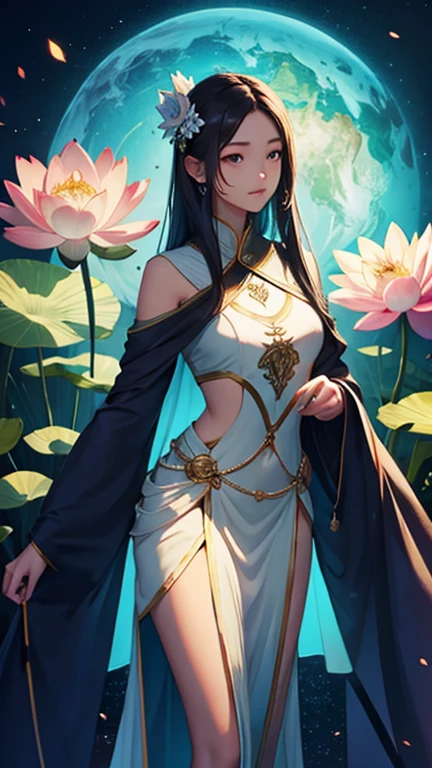 (masterpiece, best quality:1.2), In digital art style, charming illustration,peaceful picture,1 girl, beautiful eyes,tall lotus,alone,body glow,Glowing lines,fluorescence,glow example,Example tracking,flash,萤light particles,Backlight,Translucent,light particles,Correct human anatomy,