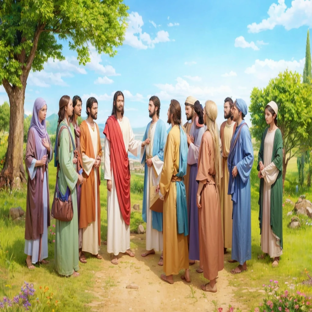 painting of a group of people in a deserted area, bible illustration, the lord and savior, biblical painting, spiritual scene, por Scott Gustafson, beautiful image already created, wearing brown robes, many people worshipping, biblical art style, beautiful representation, by Juan O&#39;Gorman, digitally painted, talking calmly 8k, religious painting, biblical image