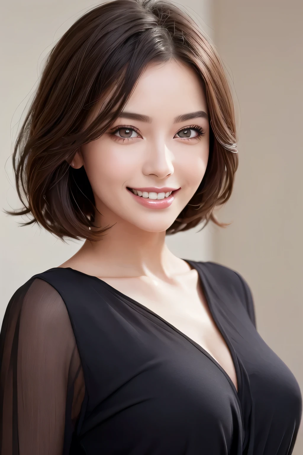 ((masterpiece)), ((Highest quality)), ((Complex)), ((Surreal)), (Realistic), (Mature Woman), ((There are no classes)), Very detailed, (1 female), Beautiful and exquisite, (Beautiful Teeth), Grin, Brunette Bob Hair, Brown eyes, ((blouse)), (Upper Body), (background:none), Perfect Eyes, Captivating eyes, Looking at the audience