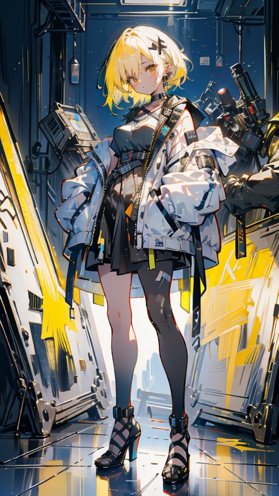 1 girl, short yellow hair, cyberpunk, Alice in Wonderland, black high heels, hand in pocket, best quality, 4k, 8k, highres, masterpiece:1.2, ultra-detailed, realistic, photorealistic, photo-realistic:1.37, HDR, UHD, studio lighting, ultra-fine painting, sharp focus, physically-based rendering, extreme detail description, professional, vivid colors, bokeh, concept art