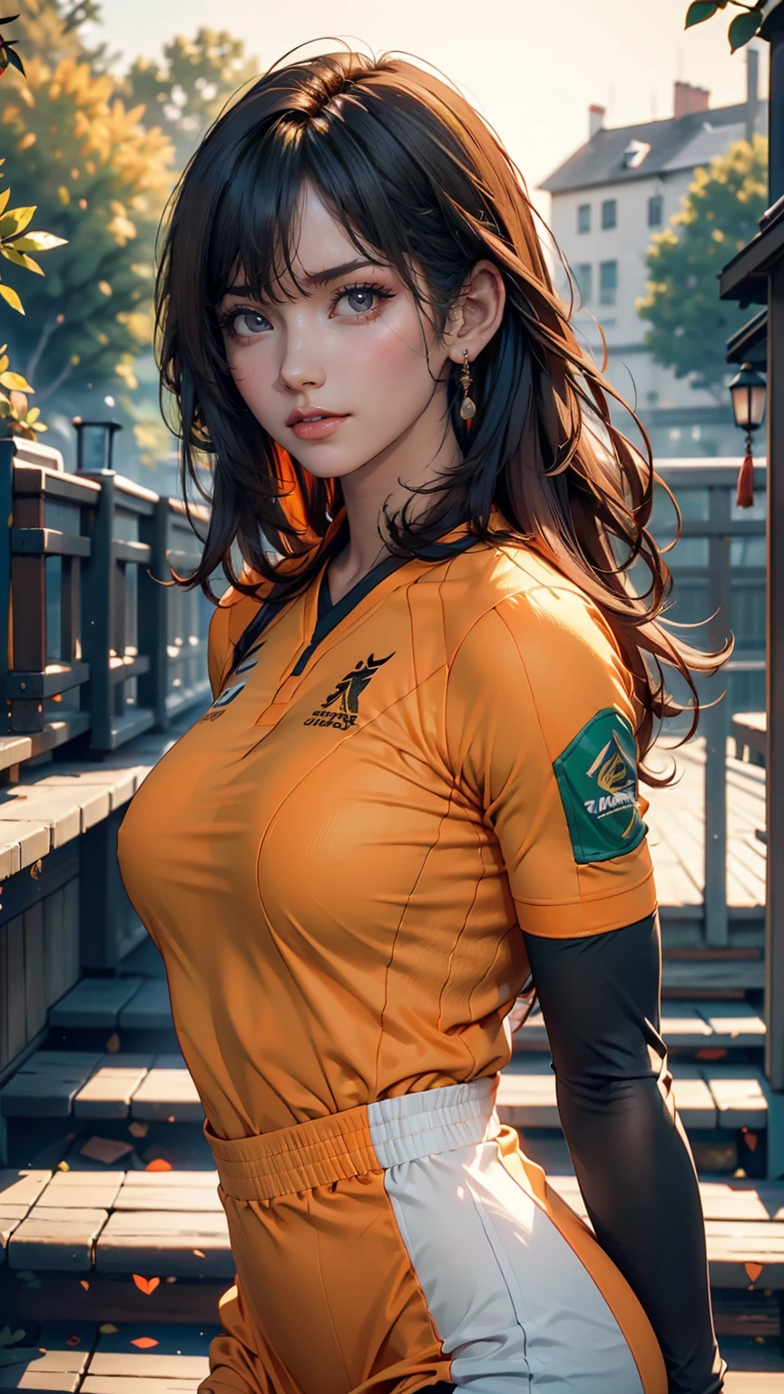 Photorealism 16K Realism, (Ultra-realistic body proportions, Anatomically correct:1.3), (Ultra-fine digital art), (Super detailed beautiful, Slim and sharp features), (明るいgreen白い顔色). break, (so beautiful, (Very fine brown_Purpose 1.25), ((Ultra-realistic and sharp real human eyes)), ((tired and sleepy and satisfied:0.0)), (Close-up of a woman's eyes:1.15), Perfect round eyes, (Detailed pupils:1.3). break, (Detailed lips:1.3), pink_compensate:1.3, length_green_eyelash:1.3, red_lipstick:1.35, (Perfect darkness_eye shadow:1.45), (Detailed nose:1.2), (Highest quality real texture skins:1.3), (Black Hair(Bangs combed to both sides), Intricate details:1.3), Beautiful cheekbones, Dramatic lighting, green白い肌, (dry skin), Only one woman, (Sportswear Color Orange:1.25), Cinematic Light, wood々Detailed background of a large park with trees, Dynamic pose, (No decoration in hair), (Firm, normal, full breasts),