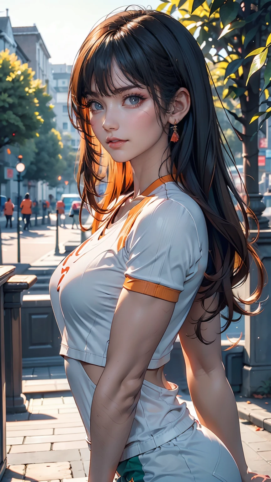 Photorealism 16K Realism, (Ultra-realistic body proportions, Anatomically correct:1.3), (Ultra-fine digital art), (Super detailed beautiful, Slim and sharp features), (明るいgreen白い顔色). break, (so beautiful, (Very fine brown_Purpose 1.25), ((Ultra-realistic and sharp real human eyes)), ((tired and sleepy and satisfied:0.0)), (Close-up of a woman's eyes:1.15), Perfect round eyes, (Detailed pupils:1.3). break, (Detailed lips:1.3), pink_compensate:1.3, length_green_eyelash:1.3, red_lipstick:1.35, (Perfect darkness_eye shadow:1.45), (Detailed nose:1.2), (Highest quality real texture skins:1.3), (Black Hair(Bangs combed to both sides), Intricate details:1.3), Beautiful cheekbones, Dramatic lighting, green白い肌, (dry skin), Only one woman, (Sportswear Color Orange:1.25), Cinematic Light, wood々Detailed background of a large park with trees, Dynamic pose, (No decoration in hair), (Firm, normal, full breasts),