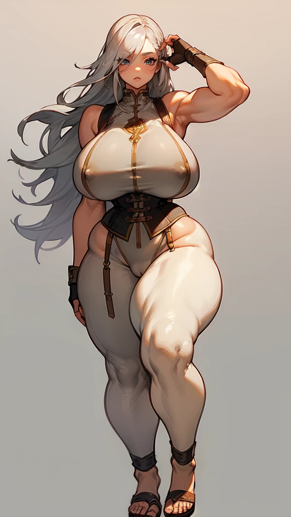 (masterpiece), best quality, female warrior, huge girl, female muscular:1.2, long hair:0.5, (silver hair), big breast, (curvy:1.7), (((blank background))), ((full body)), fingerless gloves, sandals, sleeveless, covered nipples, detailed dress, ((camel toe)), corset, bare legs , ((showing armpits))