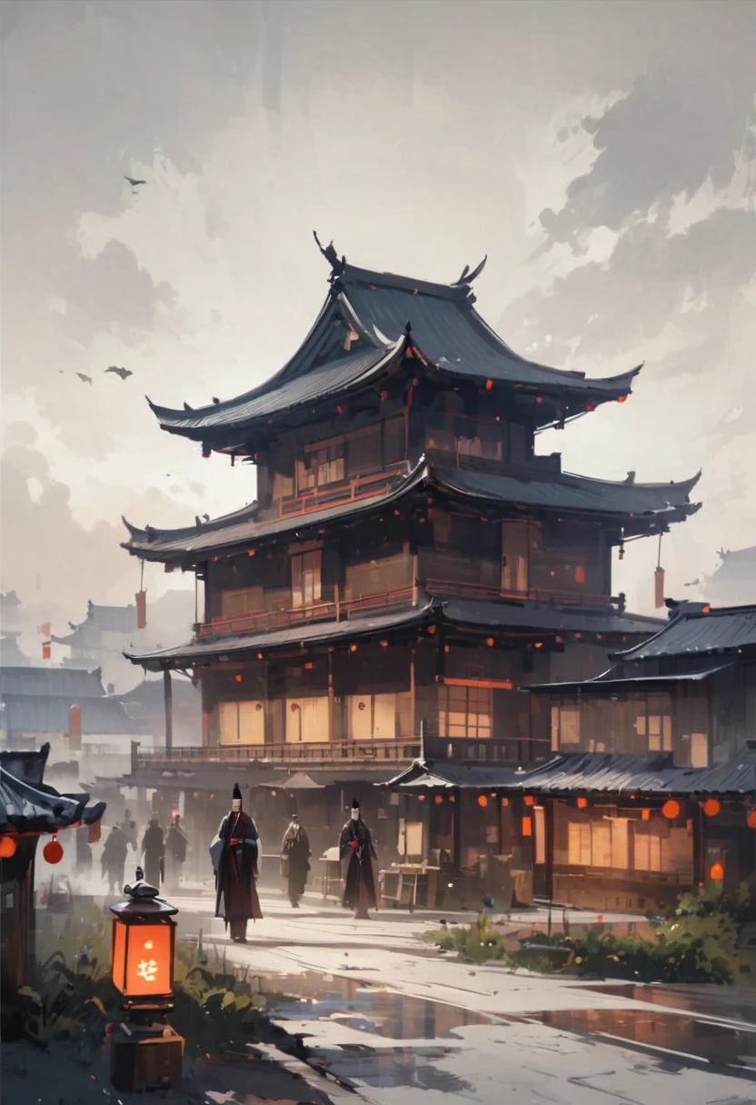 Buildings、people間０people、night、Haunted house、pavilion、Heian-kyo、The capital of Kyoto、Large building、landscape、dwelling、ghost、Dynamic Angle、masterpiece、best quality、ultra-detail、peopleはいない、Buildings only、Quiet、Retreat、Inconspicuous、The lights are off
