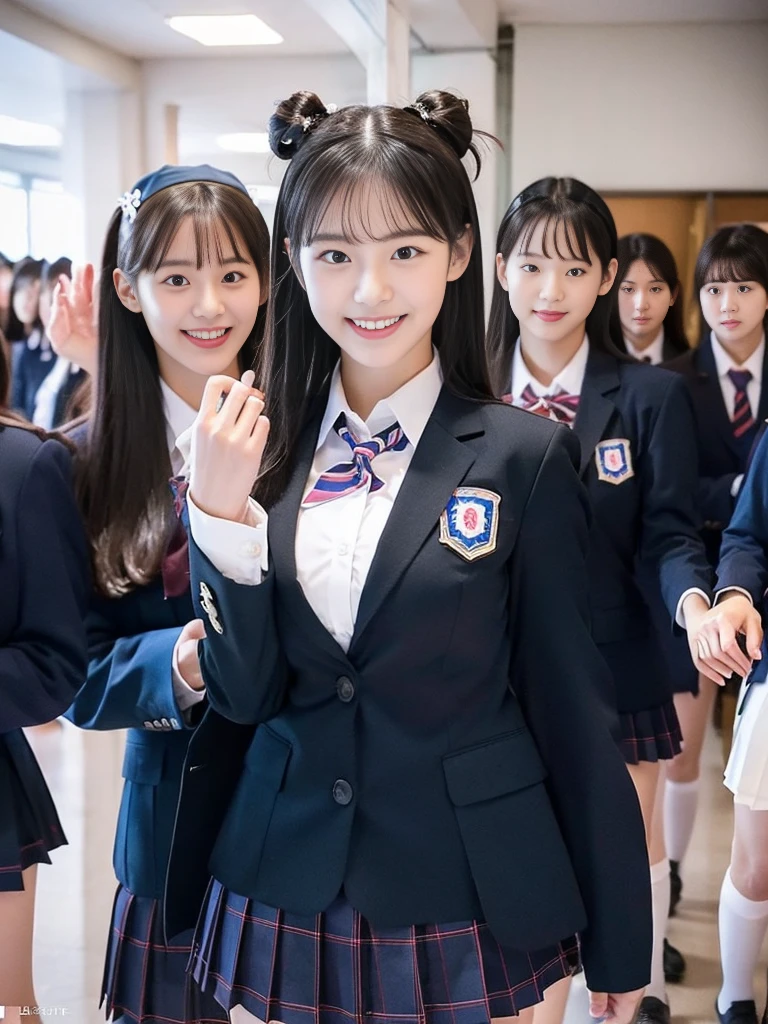 (Super cute Korean female college students take a commemorative photo wearing school uniforms:1.2)(grin,smile:1.1)(Beautiful Sweat:1.1)(16K, RAW Photos, Highest quality, masterpiece: 1.2),(A cute bun hairstyle with shiny black hair) Super detailed, Super Resolution, (Genuine, Genuine photos: 1.37), Portraiture, High-resolution RAW color photos, Professional photos, Very detailed, 8k wallpaper, Very detailed CG Unity 8k wallpaper, Very detailed beautiful girls, Very detailed faces, ((whole body)), beautiful woman, Huge breasts,(huge boobs:1.1) (Big Boobs:1.1), beautiful  (Wearing a tight and cute  designated by the company),high school girl, Korean Girls,(K-POP Female Idols), (Idol-class beauty)(Beautiful high school girl:1.1)(School corridor)(17 years old)(School uniform style outfit:1.1)