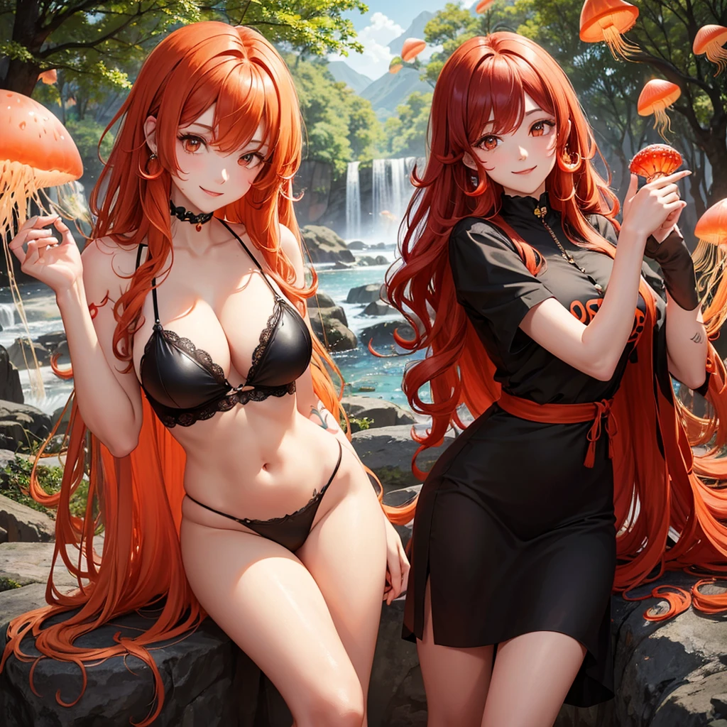 Curly hair woman, red and orange hair, black almond eyes, the expression is relaxed but with a smile,The background is a forest , with not so revealing clothes, with a tattoo of a jellyfish, long hair, an ear piercing 