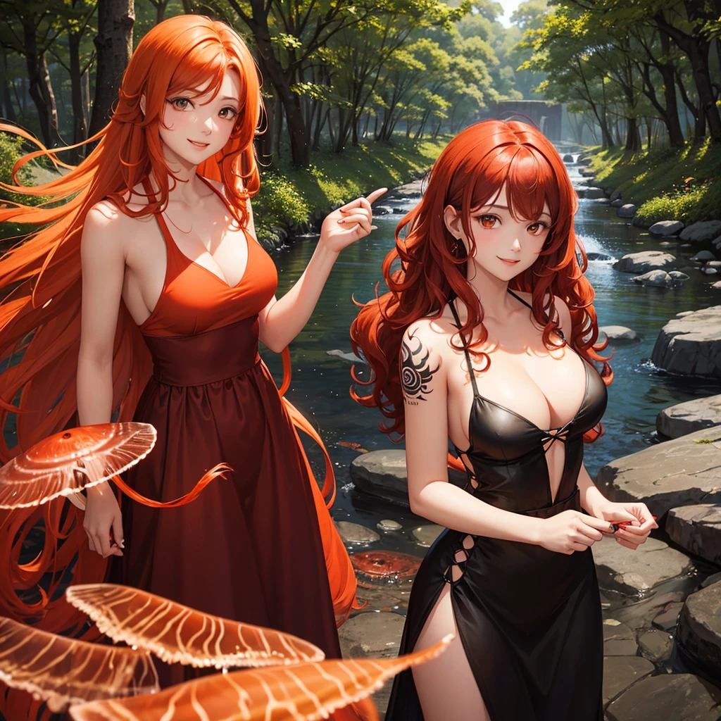 Curly hair woman, red and orange hair, black almond eyes, the expression is relaxed but with a smile,The background is a forest , with not so revealing clothes, with a tattoo of a jellyfish, long hair, an ear piercing