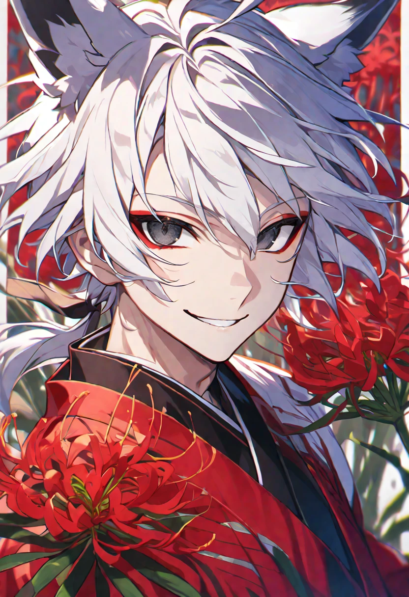 Solo, 1 male, white hair, black eyes, red kimono, fox ears, smile facial, red spider lily, higanbana