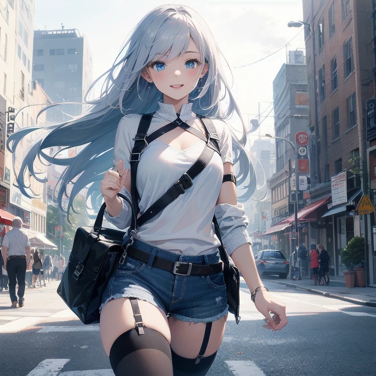 (Masterpiece, Best quality, ultra high resolution), (((1 girl))), Silver hair, Pale skin, Beautiful detailed face, Detailed eyes, posing on a white background, Dynamic lighting, dynamic shadowing, looking at viewer, White street punk fashion with blue details, (Posing for a photo), ((White clothes)), (((black thigh highs))), jean shorts, skirt, white sweater, ((Blue eyes)), happy, smiling, black straps, black strap design, ((Long white hair)), energetic, cheerful, cityscape background, (garter), (blue tertiary color), blue highlights, purse, hand bag, ((chest harness fashion))