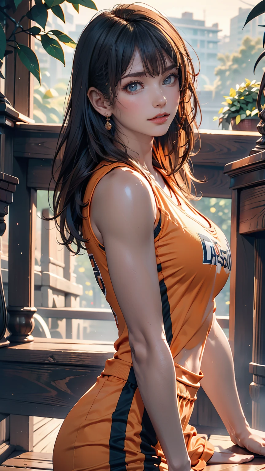 Photorealism 16K Realism, (Ultra-realistic body proportions, Anatomically correct:1.3), (Ultra-fine digital art), (Super detailed beautiful, Slim and sharp features), (明るいgreen白い顔色). break, (so beautiful, (Very fine brown_Purpose 1.25), ((Ultra-realistic and sharp real human eyes)), ((tired and sleepy and satisfied:0.0)), (Close-up of a woman's eyes:1.15), Perfect round eyes, (Detailed pupils:1.3). break, (Detailed lips:1.3), pink_compensate:1.3, length_green_eyelash:1.3, red_lipstick:1.35, (Perfect darkness_eye shadow:1.45), (Detailed nose:1.2), (Highest quality real texture skins:1.3), (Black Hair(Bangs combed to both sides), Intricate details:1.3), Beautiful cheekbones, Dramatic lighting, green白い肌, (dry skin), Only one woman, (Sportswear Color Orange:1.25), Cinematic Light, wood々Detailed background of a large park with trees, Dynamic pose, (No decoration in hair), (Firm, normal, full breasts),