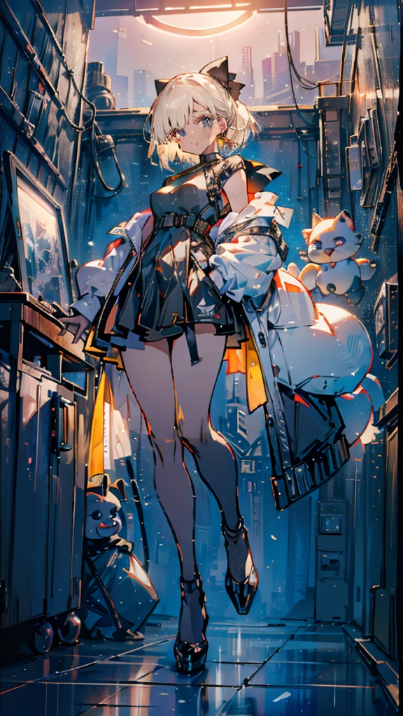 1 girl, short yellow hair, cyberpunk, Alice in Wonderland, black high heels, hand in pocket, best quality, 4k, 8k, highres, masterpiece:1.2, ultra-detailed, realistic, photorealistic, photo-realistic:1.37, HDR, UHD, studio lighting, ultra-fine painting, sharp focus, physically-based rendering, extreme detail description, professional, vivid colors, bokeh, concept art