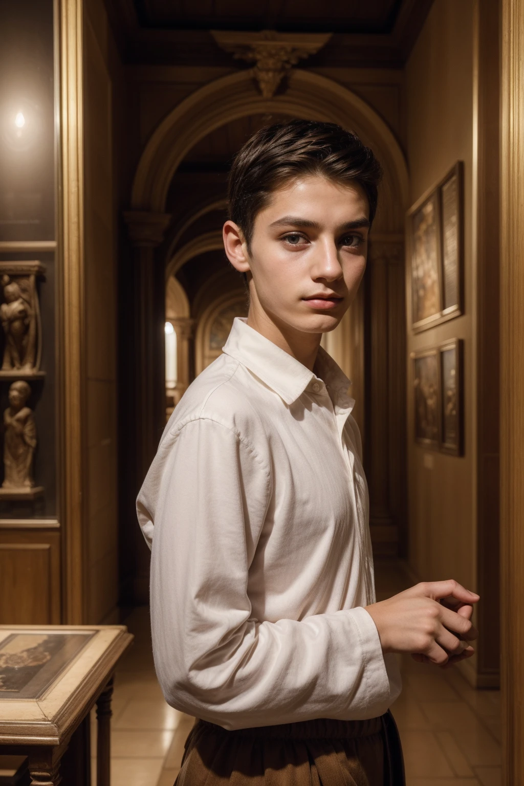 A cute, beautiful twink male with black hair and a face with makeup. He is wearing a white long-sleeved shirt and brown pants. He is in the Antiquities Museum, the golden historical books, and he looks in amazement.