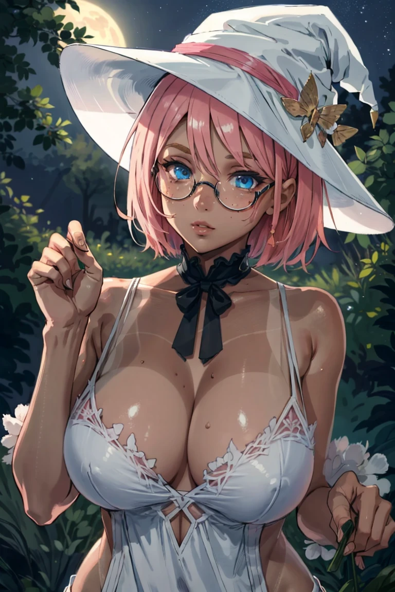 short beautiful women, chubby, plus size, tan skin, blue eyes, freckles all over body, short pixie cut hair, messy hair, pink hair, big round glasses, (shiny tan skin), solo, rating:questionable, cute pose, moon theme, looking stoic, witch's hat, magical, moth accessories