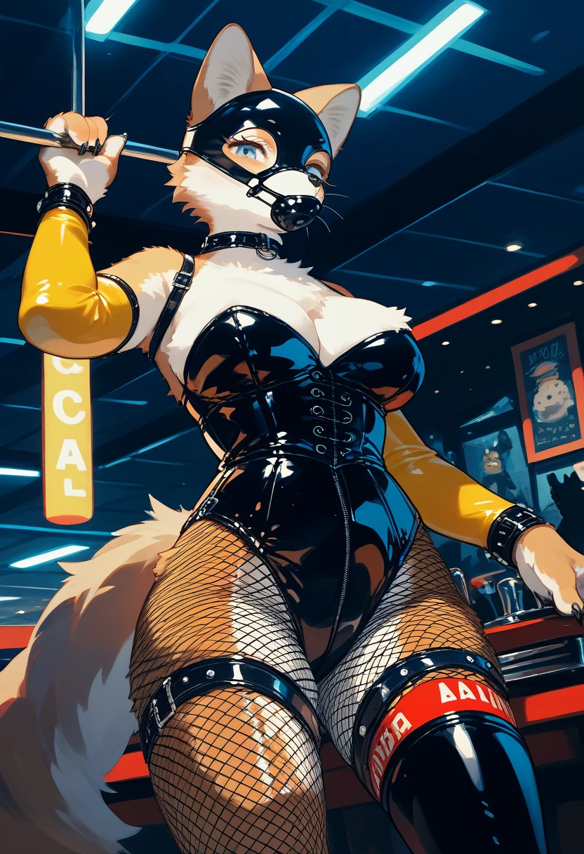 Highest quality, Highest quality, High quality illustrations, masterpiece, Ultra-high resolution, Detailed Background, Cabaret Club, Absurd, Perfect Anatomy, performance, Good lighting, Shadows in the movies(kemono, Furry Personifi猫ion), Rubber suit, latex, corset, Fishnet tights, Rubber mask