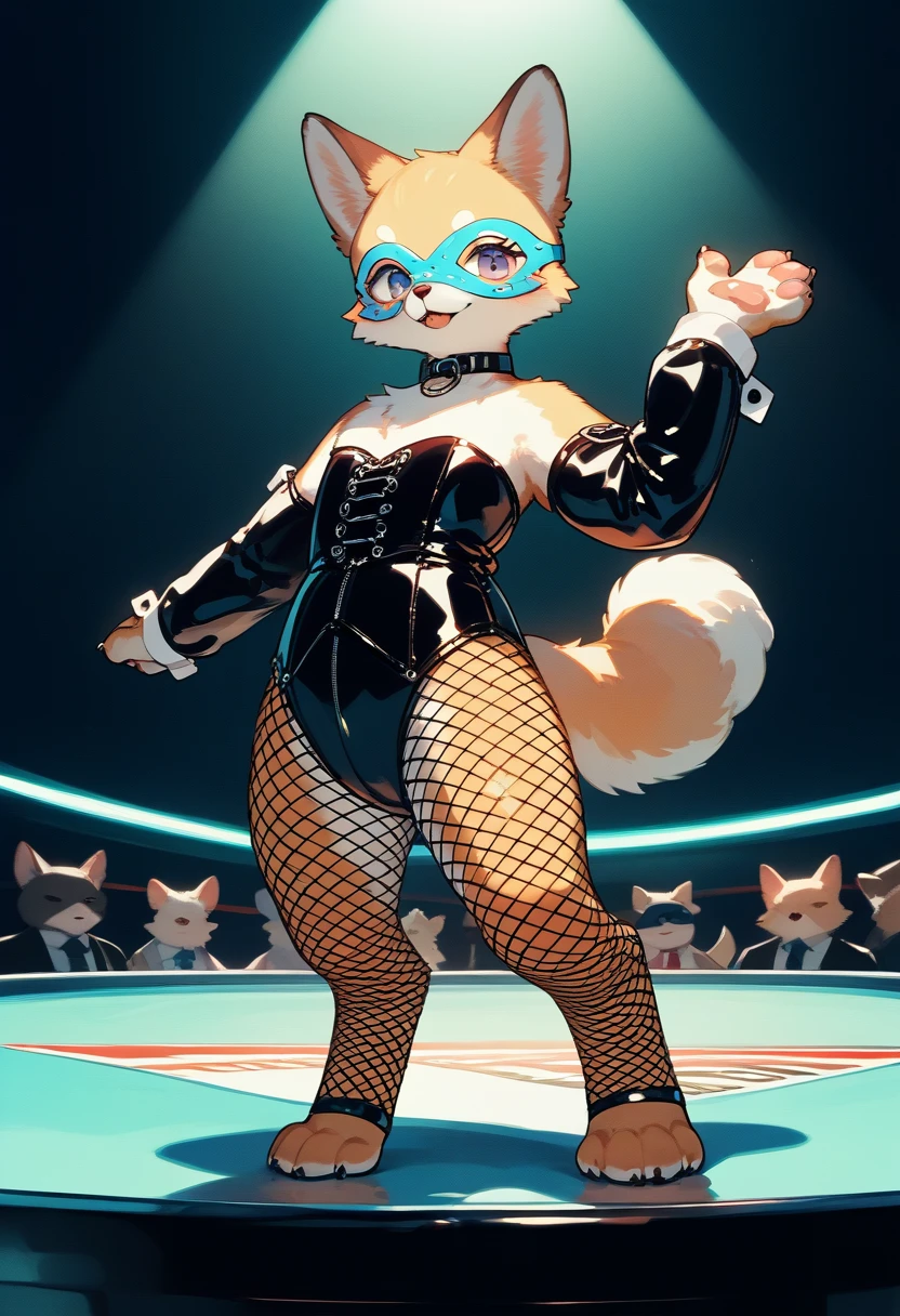 Highest quality, Highest quality, High quality illustrations, masterpiece, Ultra-high resolution, Detailed Background, Cabaret Club, Absurd, Perfect Anatomy, performance, Good lighting, Shadows in the movies(kemono, Furry Personifi猫ion), Rubber suit, latex, corset, Fishnet tights, Rubber mask