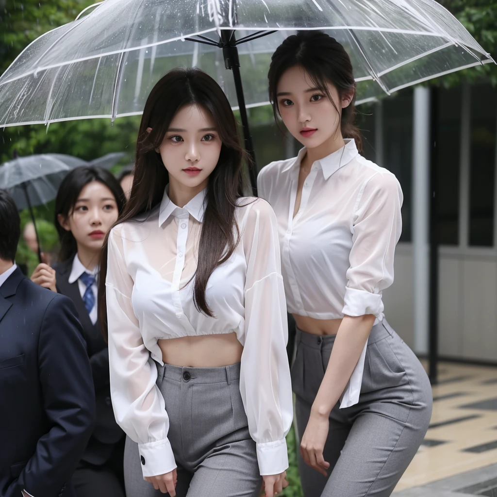 typhoon、Beautiful woman in the rain、雨で濡れたBeautyOL、Detailed face、Realistic、beautiful girl、Beauty、Office Lady Uniform、beauty、Beautiful woman、Narrow waist、Handsome woman、Tight pants look、suit、Sexy pose、タイトなsuitパンツ、雨で濡れたsuit、Wet shirt、See-through shirt、Shot in heavy rain、See-through underwear