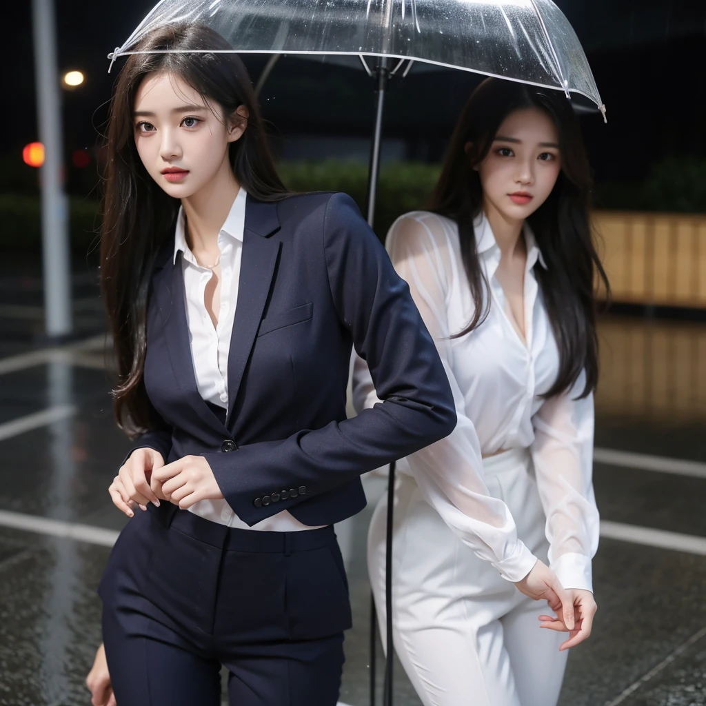 typhoon、Beautiful woman in the rain、雨で濡れたBeautyOL、Detailed face、Realistic、beautiful girl、Beauty、Office Lady Uniform、beauty、Beautiful woman、Narrow waist、Handsome woman、Tight pants look、suit、Sexy pose、タイトなsuitパンツ、雨で濡れたsuit、Wet shirt、See-through shirt、Shot in heavy rain、See-through underwear