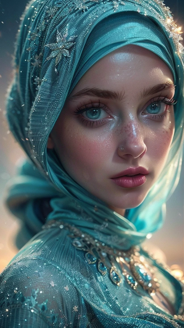 1girl, Elsa from Disney's Frozen, wearing a hijab, closed Muslim dress, beautiful detailed eyes, beautiful detailed lips, extremely detailed face, long eyelashes, graceful poses, serene expression, intricate hijab patterns, flowing dress fabrics, warm lighting, soft pastel colors, cinematic composition, photorealistic, 8k, best quality, masterpiece