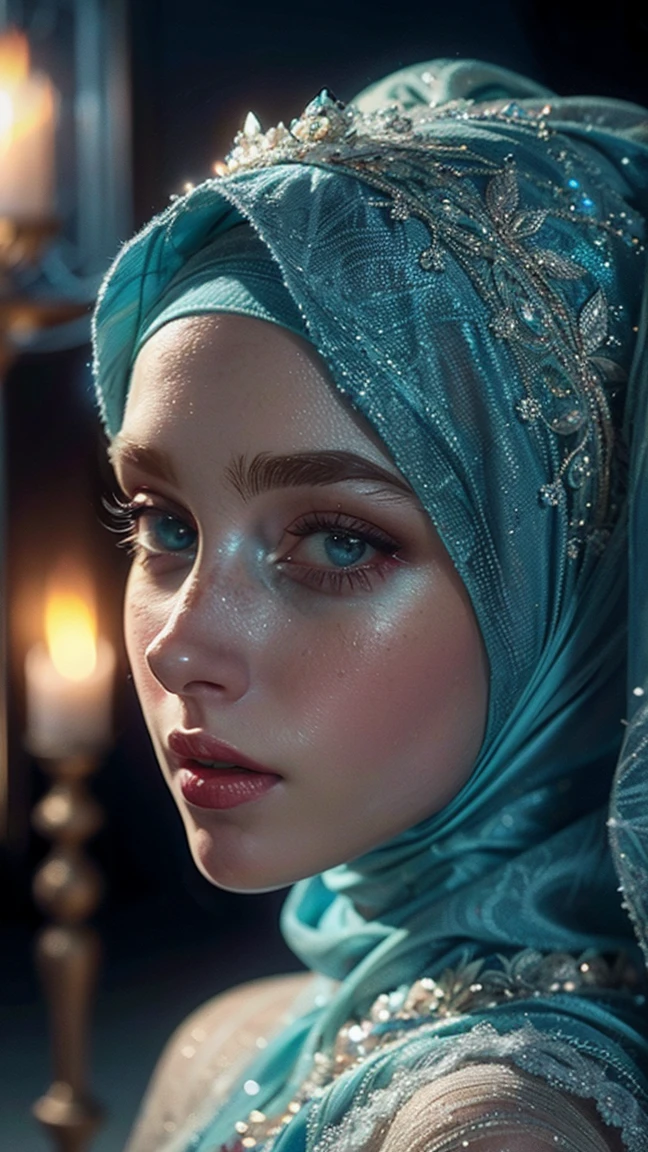 1 beautiful beautiful woman - Scandinavian European appearance (looks like the most beautiful Swedish girl), ((top quality, 8K, Masterpiece:1.retty woman, 1 woman, average breasts:1.3, a slim body:1.1, lush WHITE NIVEOUS long hair, (shower, wet body, wet clothes:1.1), very detailed face, detailed lips, detailed eyes, double eyelids, Detailed blue eyes, Detailed Outstanding Blue Eyes, WHITE NIVEOUS HAIR, in a church , inside the church , she's wearing hijab, huge beautiful earrings, full body picture
