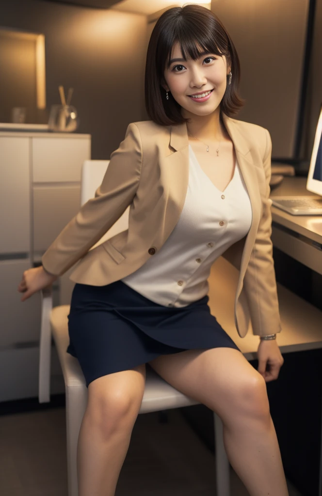 ultra-detailed, (perfect anatomy:1.3999), (close-up shot, front view:1.399), (ultra beautiful perfect detailed smile face:1.3999), (finely ultra-detailed eyes:1.3999), slim waist, curvy hourglass figure, perfect and proportional body, (((glamorous athletic Japanese girl in her twenties, standing with knees bent, leaning upper body forward:1.25))), beautiful Asian actress face, ((thick thighs:1.399)), fit curvy physique, inverted body type, attractive feminine curves, ((gigantic breasts:1.25)), (((thick but slightly muscular arms and legs:1.399))), feminine curvy figure, (style of plump voluptuous body), (bare thighs, bare legs:1.25), masterpiece, highres, best quality, (realistic), photo-realistic, RAW photo, ultra-detailed, CG, unity, 8k wallpaper, extremely detailed CG, extremely detailed, an extremely delicate and beautiful, extremely detailed, Amazing, finely detail, official art, High quality texture, incredibly absurdres, huge file size, photorealistic, ((office-lady, navy long-sleeved blazer, business shirt, navy mini skirt)), (1girl, mature female:1.25), plump, ((bare thighs, mini skirt)),