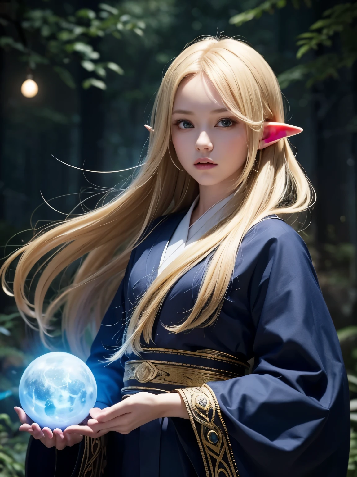 Elf using magic with arms wide open, dark atmosphere, dark surroundings, numerous small blue glowing spheres floating around, intimidating painting style, lightning shimmering violently around, masterpiece, top quality, super detailed, super detailed, 4K, 8K, ((clearly drawn face)), serious expression, Japanese clothes, kimono , blonde, long hair, in a sacred forest, beautiful hair.