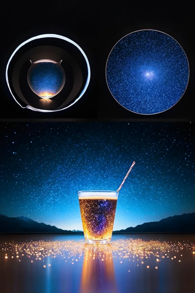 masterpiece、Highest quality、(A very delicate and beautiful starry sky scene captured in a glass cup)、World Masterpiece Theatre、High resolution equirectangular projection、Highest quality、Awareness-raising、material、canvas、oil、realism、Realistic、ストロー無し