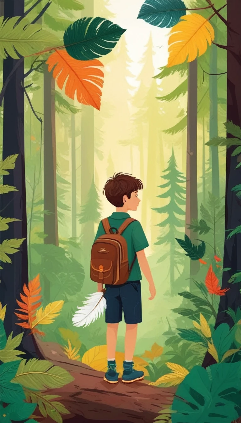 cover page, A boy and a feather meet in the forest, flat Design, vector illustrations, graphic illustration, detailed 2d illustration, flat illustration, digital illustration, digital artwork,