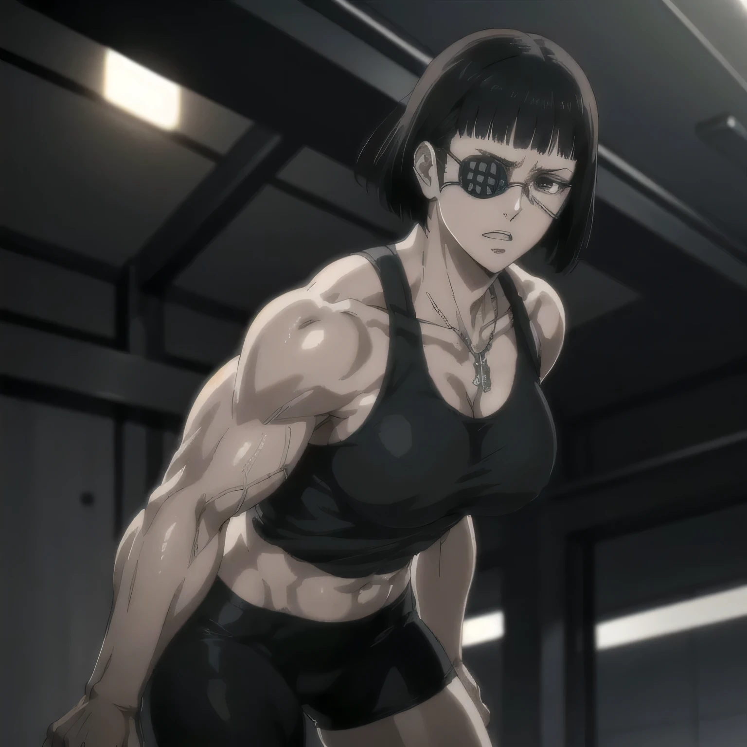 best quality,ultra-detailed,realistic:1.37),musclaur badass girl with sculpted body with preview her musclaur body and six-pack, full review of the female character's face and body, intense expression, strong and confident posture, studio lighting, vivid colors, physiologically-based rendering, grungy texture, rugged background, dust particles in the air, commanding presence, professional, powerful, gritty aesthetics,,Valmet،short hair,necklace,Light reflection on shoulders,clean muscles،wearing black underwear and gray gym tank top,tattoos on shoulders،muscles review( girl solo),eyepatch,Shining muscles,eyes detailing,fat free body,veins in muscles,penis growth inside underwear,Photo session