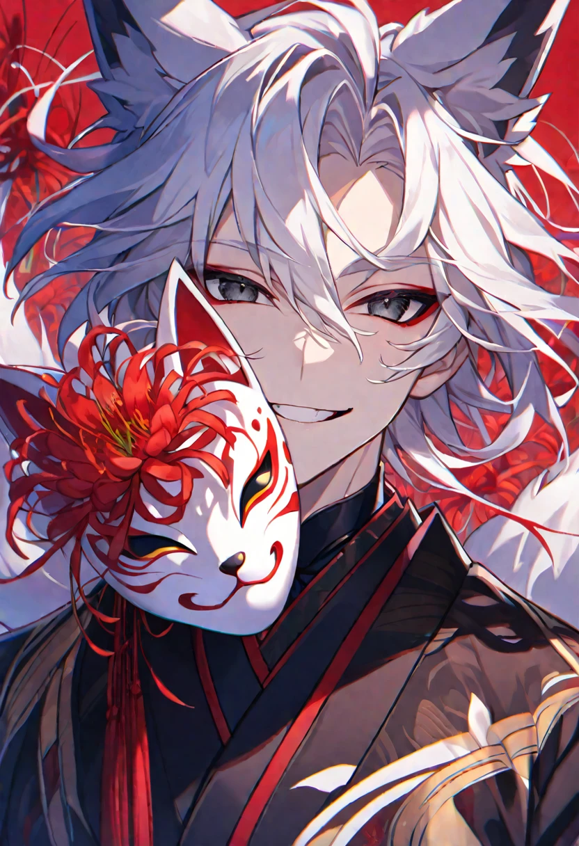 Solo, 1 male, white hair, black eyes, black kimono, fox ears, fox mask, smile facial, red spider lily, higanbana