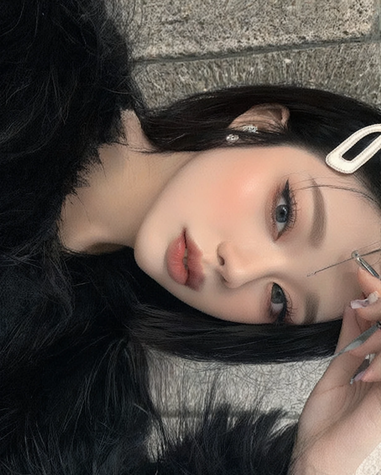 there is a woman with a pair of scissors in her hand, pale snow white skin, ulzzang, clear lips and high quality, cruel korean goth girl, 8k)), goth girl aesthetic, pale goth beauty, beautiful aesthetic face, pale porcelain white skin, black hair and large eyes, aesthetic portrait, with long hair and piercing eyes, beautiful pale makeup, Karina aespa, Karina, aespa