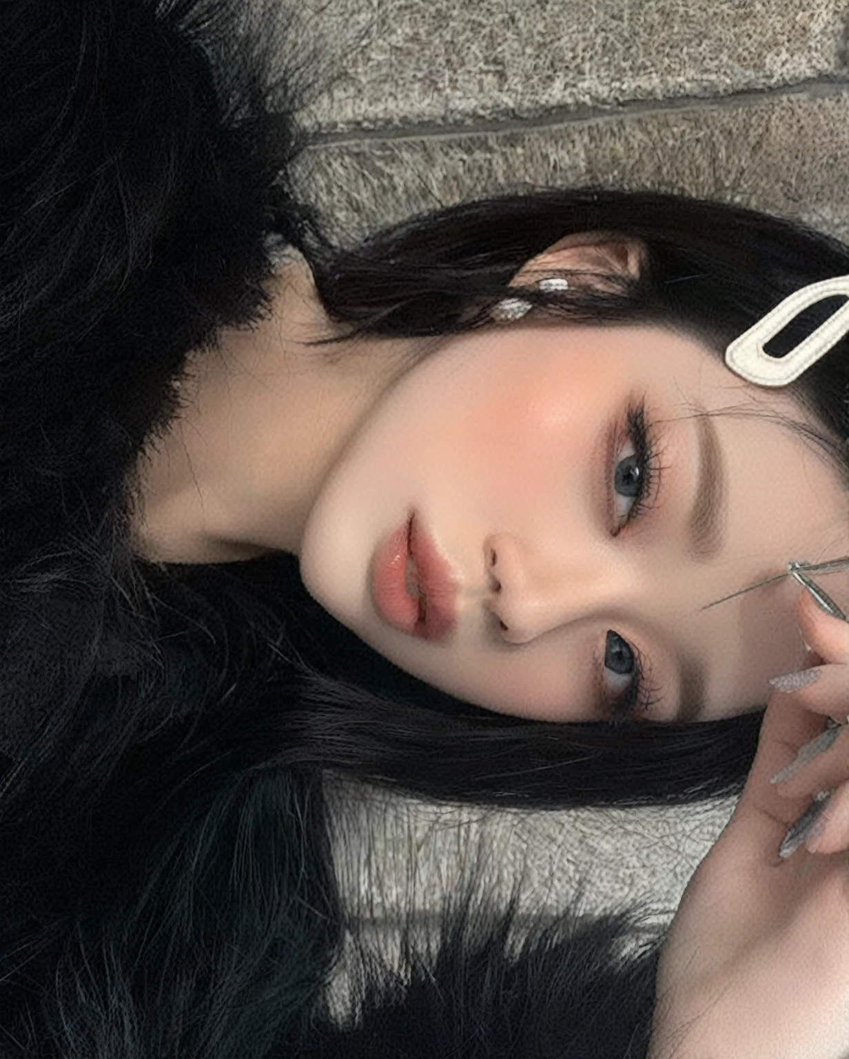 there is a woman with a pair of scissors in her hand, pale snow white skin, ulzzang, clear lips and high quality, cruel korean goth girl, 8k)), goth girl aesthetic, pale goth beauty, beautiful aesthetic face, pale porcelain white skin, black hair and large eyes, aesthetic portrait, with long hair and piercing eyes, beautiful pale makeup, Karina aespa, Karina, aespa