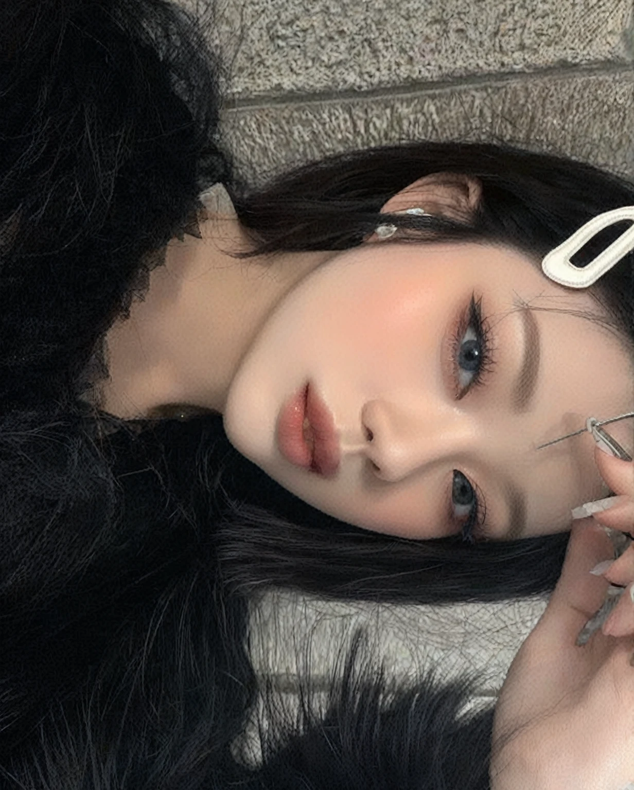 there is a woman with a pair of scissors in her hand, pale snow white skin, ulzzang, clear lips and high quality, cruel korean goth girl, 8k)), goth girl aesthetic, pale goth beauty, beautiful aesthetic face, pale porcelain white skin, black hair and large eyes, aesthetic portrait, with long hair and piercing eyes, beautiful pale makeup, Karina aespa, Karina, aespa